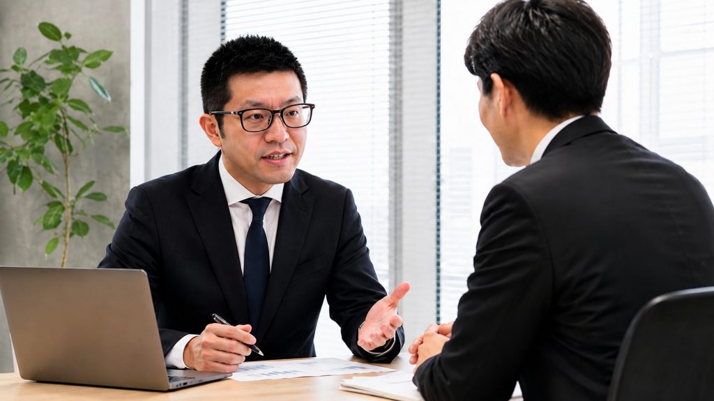 塗装会社向けの経営相談で、資料を前に話している様子